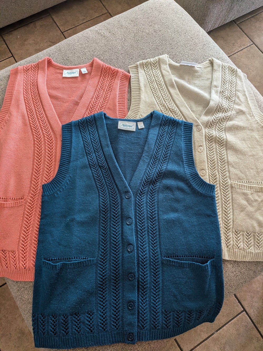 National Button Front Sweater Vest - Blue, Pink & Tan Size S